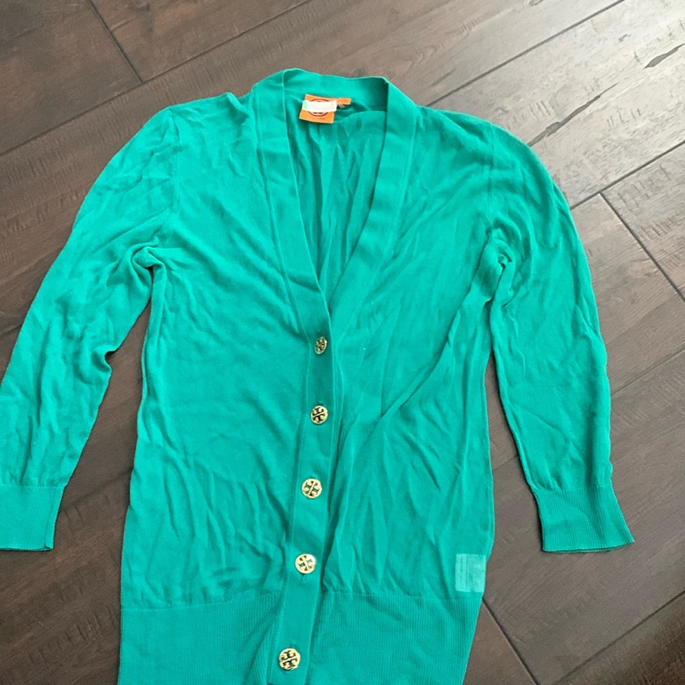 Tory Burch green cardigan quarter length sleeves
